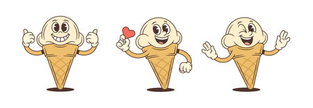Set of retro cartoon ice cream characters. Happy vintage mascot collection shows thumbs up, holds a heart, and winks. Funky vector illustration for stickers or brand logotype designのイラスト素材