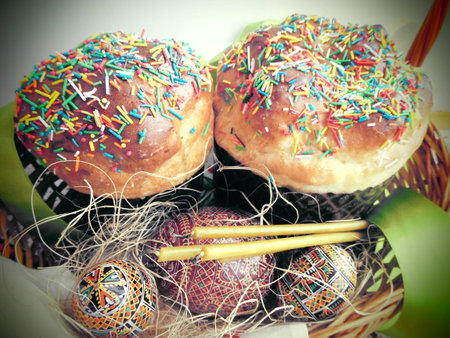 Easter. Easter cake. Church candles. Basket.