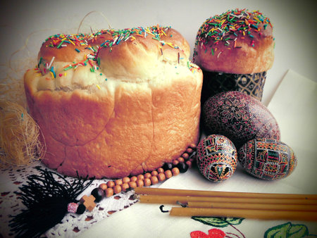 Easter. Easter cake. Church candles. Basket.