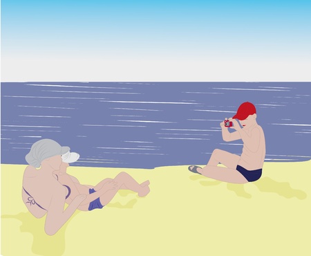 beach sea mother with childrenのイラスト素材