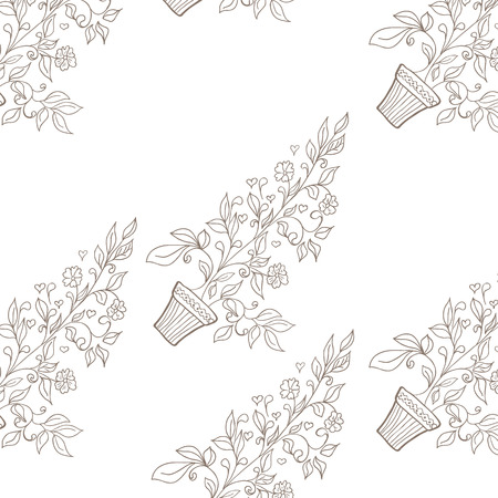 Vector illustration of flower in pot sketch. Seamless patternのイラスト素材