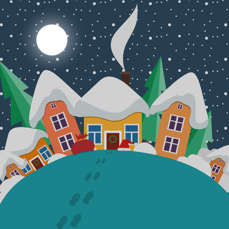 New Year and Christmas landscape at night in style flatのイラスト素材