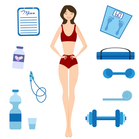 Flat vector illustration Slimming girl and Healthy lifestyleのイラスト素材