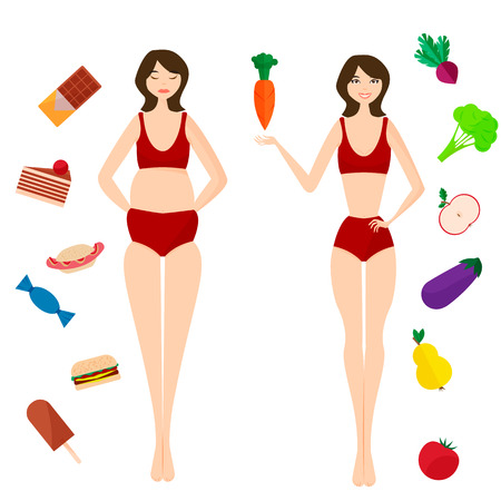 Diet (proper nutrition). Selecting slim or fat girl. Healthy lifestyle and bad habits (kalloriynye products). Flat vector illustrationのイラスト素材
