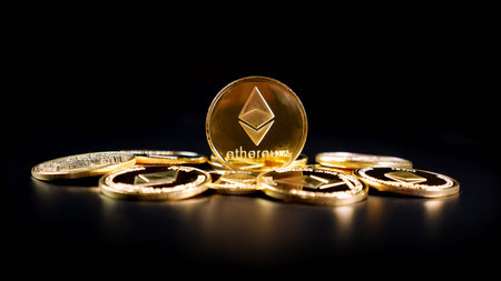 Ethereum Crypto Currency. Coins on a Dark Background