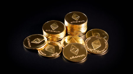Ethereum Crypto Currency. Coins on a Dark Background