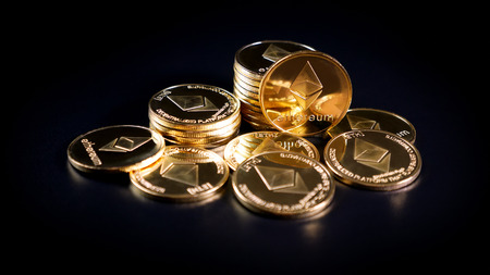 Ethereum Crypto Currency. Coins on a Dark Backgroundの写真素材