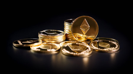 Ethereum Crypto Currency. Coins on a Dark Background