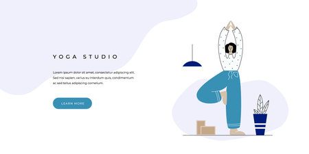 Yoga studio website banner template with button. Standing woman in Vrksasana. Female character in a tree yoga pose. Flat design for element for internet. Vector illustration of a meditating calm girl.のイラスト素材