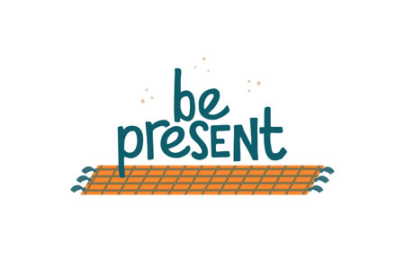 Flat illustration with motivational lettering about meditation and mindfulness. Cosy drawing inspiring to be present and practice yoga at home or in studio. Saying about balance placed over a mat.のイラスト素材