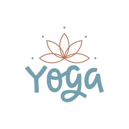 Hand drawn lettering with lotus symbol. Simple minimalist pastel vector illustration of the word yoga. T-shirt, logo, poster, business card or banner typography on white background.のイラスト素材