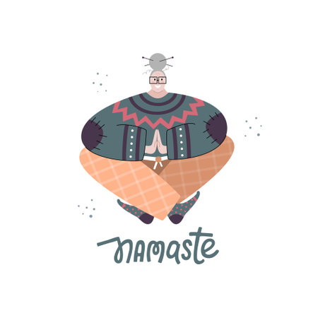Elder female with grey hair practicing gentle yoga at home. Cosy flat vector illustration of a granny sitting in sukhasana pose and an inspirational quote. Namaste mantra hand drawn lettering.のイラスト素材