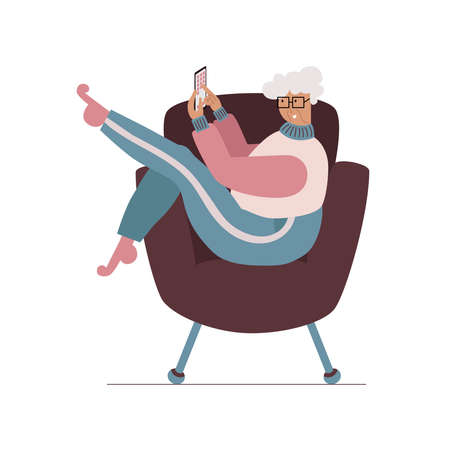 Old woman using phone concept flat illustration.のイラスト素材