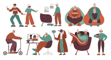 Old people and technology flat character set.のイラスト素材