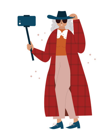 Old lady making selfie with monopod stick.のイラスト素材