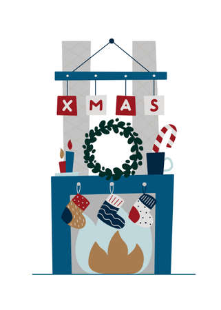 Cute Xmas fireplace and santa gift socks.のイラスト素材