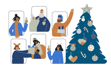 Boho Christmas remote party with friends.のイラスト素材