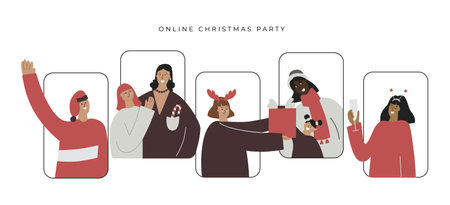 Virtual christmas party with diverse people.のイラスト素材