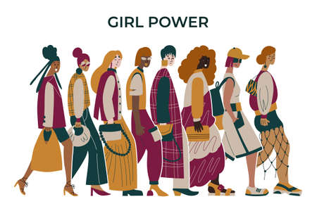 Trendy different women walking together concept.のイラスト素材