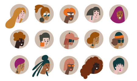 Bright and trendy female avatars collection.のイラスト素材