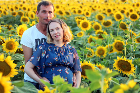 Happy couple - Husband and his pregnant wife in a field of sunflowersの写真素材