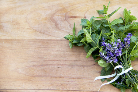Background mint and lavender on wooden surfaceの写真素材