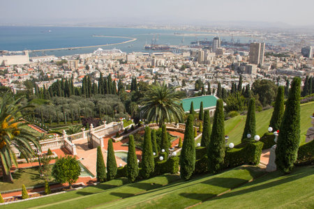 Bahai gardens and temple on the slopes of the Carmel Mountain and view of the Mediterranean Sea and bay of Haifa city, Israelの写真素材
