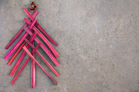 Creative christmas tree made from chard stalks isolated on old metal brown backgroundの写真素材