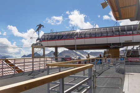 Elbrus, Karachay-Cherkessia - August 16, 2020: Cableway from Mount Elbrus to valley Azau. The...