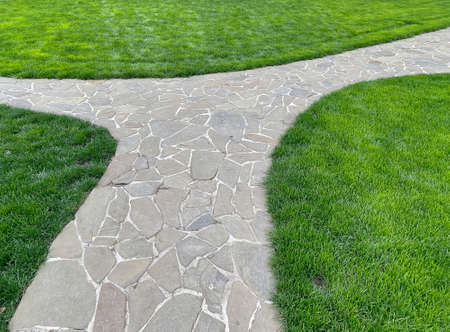 smooth bend line of new manicured green turf carpet along a stone sidewalk in a city park or backyard. Landscape design services. Lawn care, mowing, feeding.の写真素材