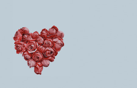 Heart shape made of pink rosebuds on blue background