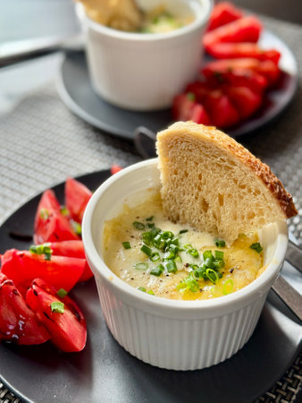 Baked eggs with cream, cheese and green onions in a portioned ceramic bowl.の写真素材