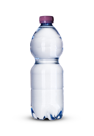 a small plastic bottle full of water on a white backgroundの写真素材