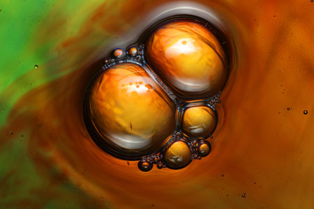 oil bubbles with water on glass and golden backgroundの写真素材