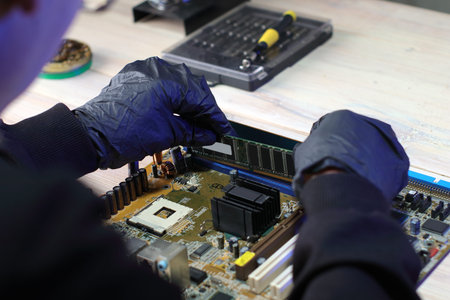 inserting ram into motherboard from computer on table and gray backgroundの写真素材