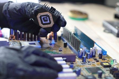 replacement of the chipset cooling system from the computer motherboard on the table