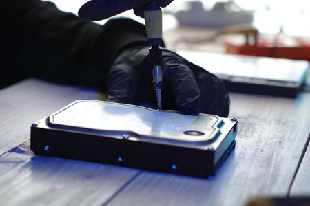 repairing the hard drive from the computer on the table by the person