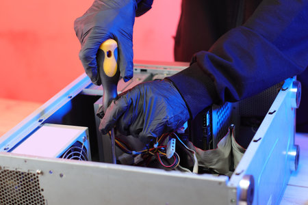 disassembly of an old desktop computer on a table and a pink background