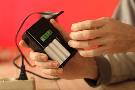 battery charger in hand over table and colored background