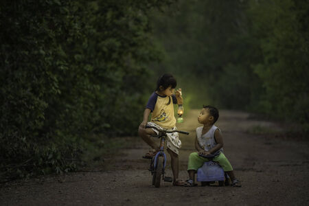 Children with lanternの写真素材