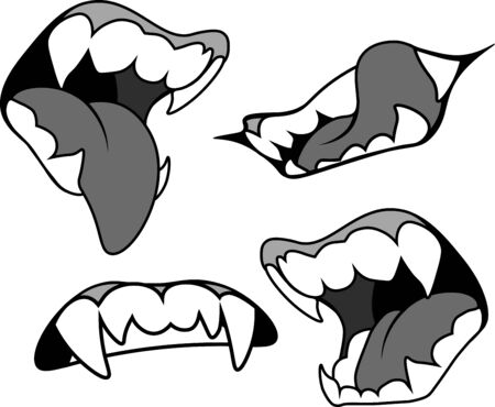 mouth with pointed fangs in gray colors, in several versions. Vampire, werewolf, halloween.のイラスト素材