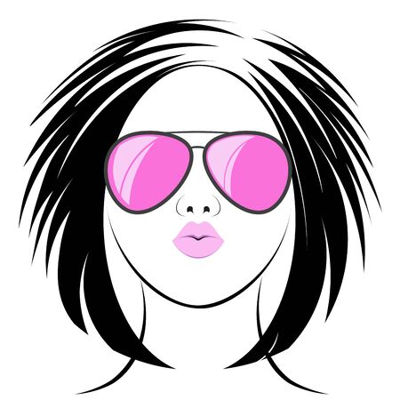 Black silhouette of a fashionable, bright girl, a woman in large wide pink glasses, a short haircut, with pink lips folded in a kiss. Vector illustration. Fancy Hairstyle. Hairdresser.のイラスト素材