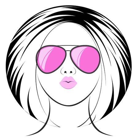 Bright, fashionable, stylish girl, lady in pink glasses with a short haircut isolated on a white background. Silhouette of a woman and a lady. Vector illustration. Fashionable hairdresser haircut, styling, hairstyle.のイラスト素材