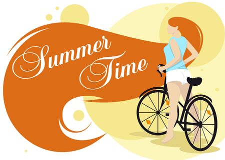 The girl rides a bicycle in a blue T-shirt and white shorts, her hair is hand-written by summertime. Vector illustration.のイラスト素材