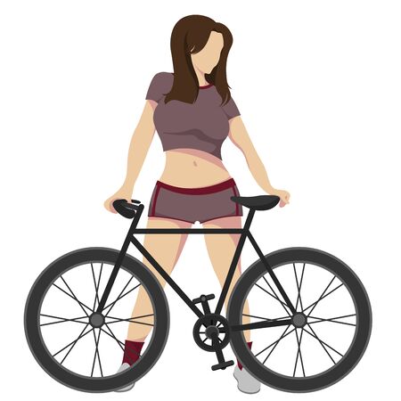 Athletic, slim girl in a short T-shirt and short shorts who stands behind, near a bicycle isolated on a white background. Vector illustrationのイラスト素材