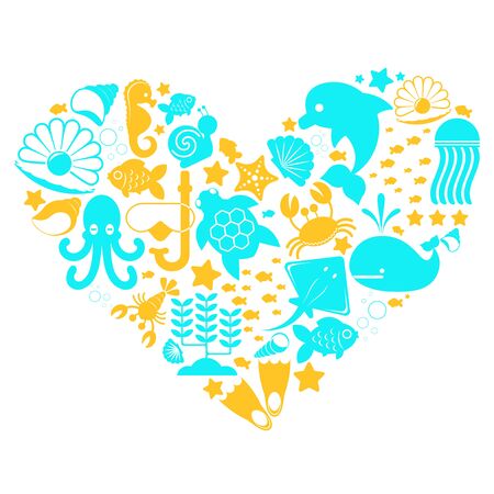icons of the underwater world and sea inhabitants laid out in the shape of a heart in bright color isolated on a white background. Vector illustrationのイラスト素材