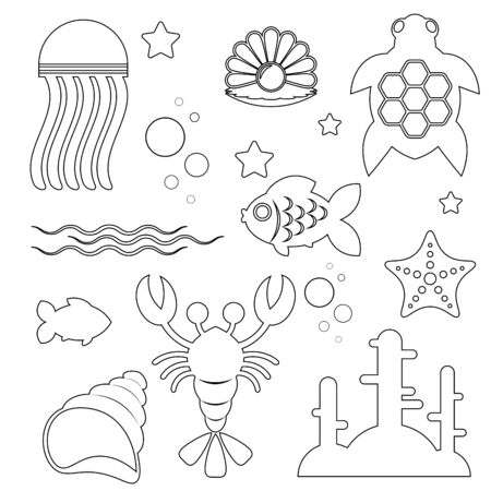 black and white image of marine life and objects of the marine world isolated on a white background. Silhouettes of subjects of marine subjects. Vector illustrationのイラスト素材