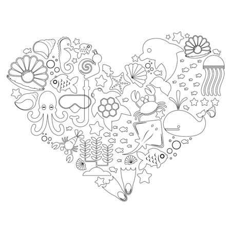 black and white silhouettes of marine-themed objects and marine inhabitants lined with hearts isolated on a white background. Vector illustrationのイラスト素材