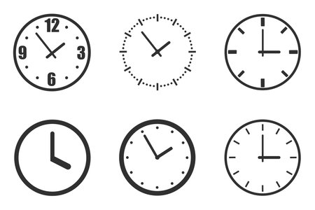 Watch dials. Vintage watch bezel, stopwatch and dial at 12 o'clock. Clock footage silhouette, deadline hour stopwatch. Set of isolated vector symbolsのイラスト素材