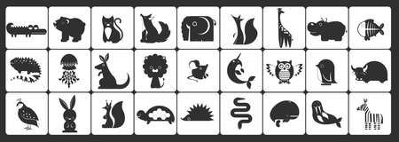 Silhouettes of animals: farm animals, wild animals, sea animals isolated on white background. Animals for all letters of the English alphabet. Vector illustrationのイラスト素材